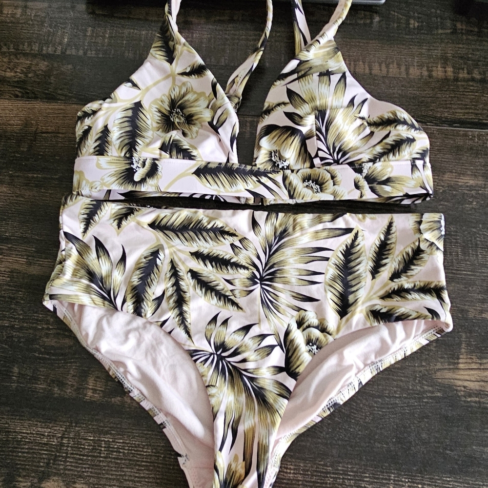 Seafolly Pink Floral Palm Print Bikini Set with Olive and Black Accents